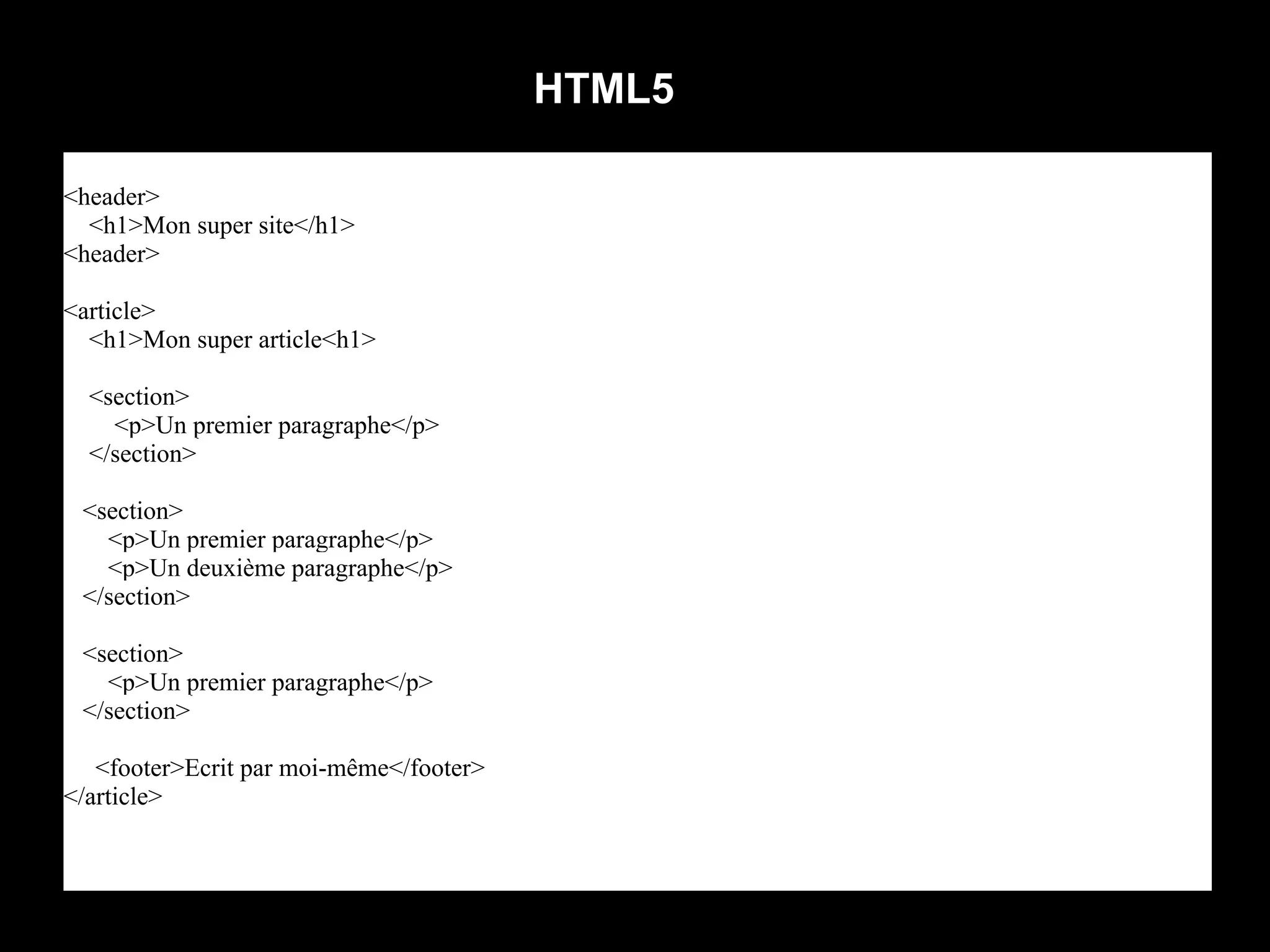 HTML5

<header>
  <h1>Mon super site</h1>
<header>

<article>
  <h1>Mon super article<h1>

  <section>
    <p>Un premier paragraphe</p>
  </section>

 <section>
   <p>Un premier paragraphe</p>
   <p>Un deuxième paragraphe</p>
 </section>

 <section>
   <p>Un premier paragraphe</p>
 </section>

   <footer>Ecrit par moi-même</footer>
</article>
 