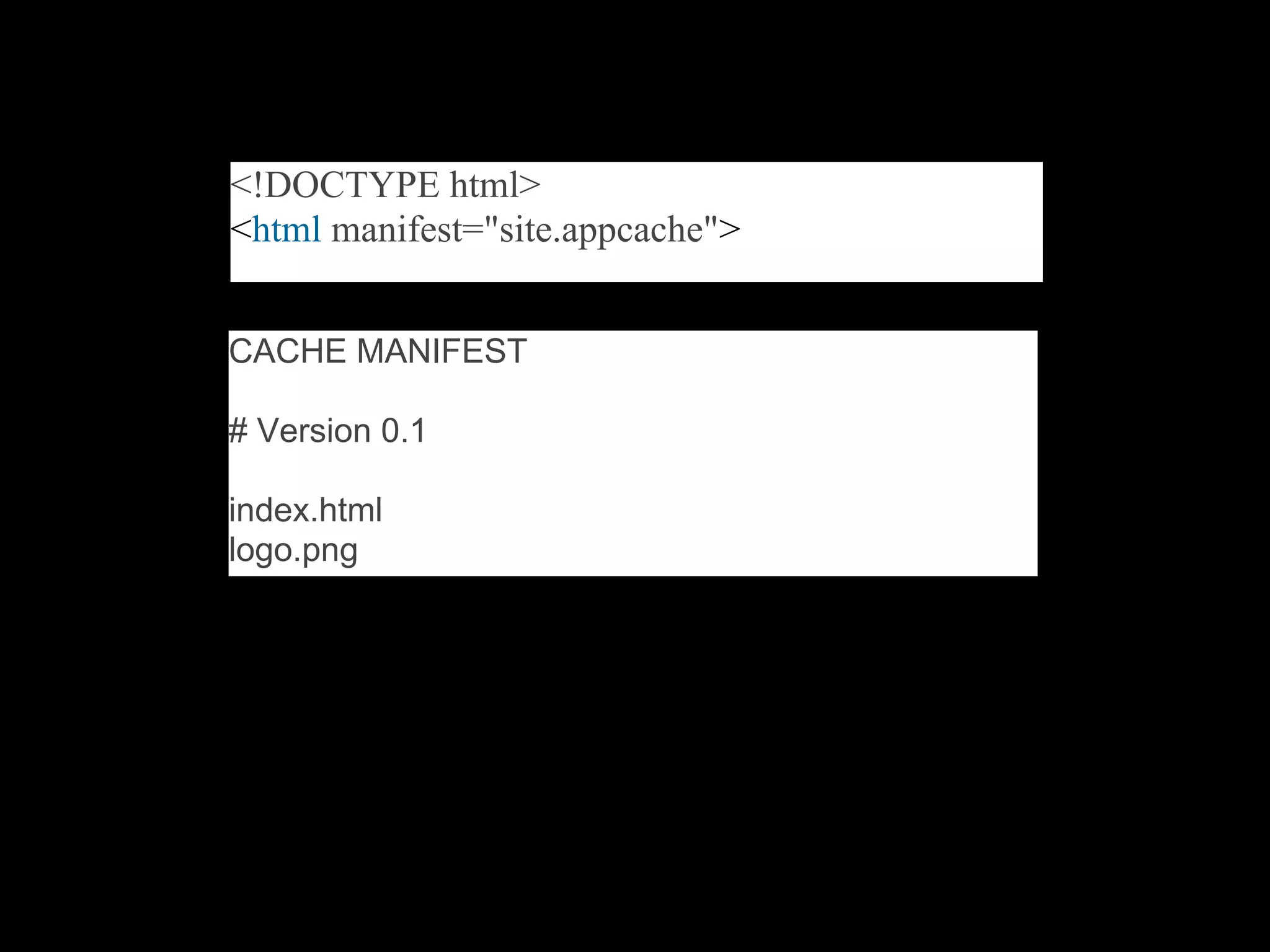 <!DOCTYPE html>
<html manifest="site.appcache">


CACHE MANIFEST

# Version 0.1

index.html
logo.png
 