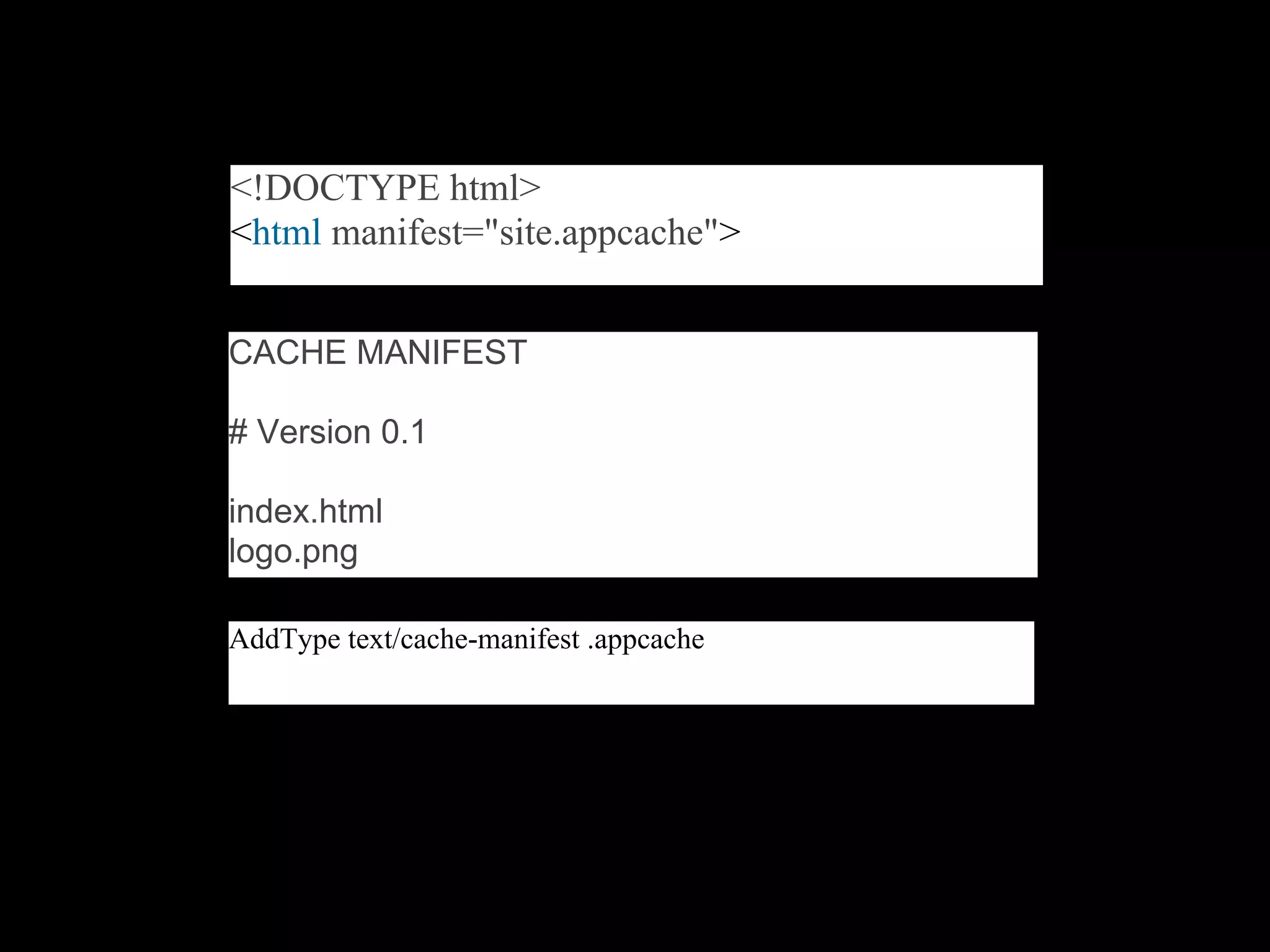 <!DOCTYPE html>
<html manifest="site.appcache">


CACHE MANIFEST

# Version 0.1

index.html
logo.png

AddType text/cache-manifest .appcache
 