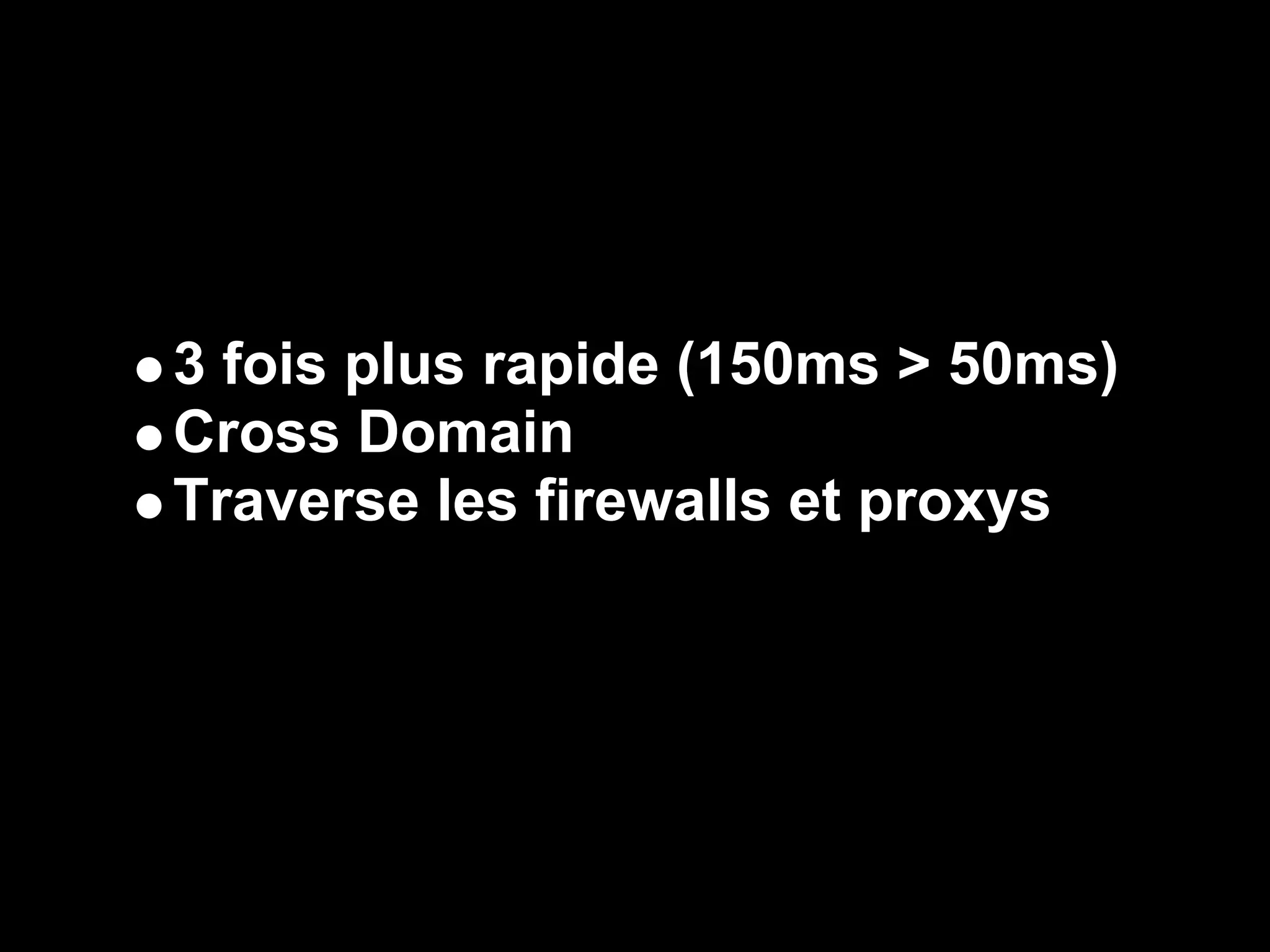 3 fois plus rapide (150ms > 50ms)
Cross Domain
Traverse les firewalls et proxys
 