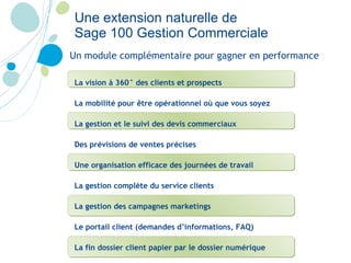 Une extension naturelle de  Sage 100 Gestion Commerciale La vision à 360° des clients et prospects La mobilité pour être opérationnel où que vous soyez  La gestion et le suivi des devis commerciaux Des prévisions de ventes précises Une organisation efficace des journées de travail La gestion complète du service clients La gestion des campagnes marketings Le portail client (demandes d’informations, FAQ)  La fin dossier client papier par le dossier numérique Un module complémentaire pour gagner en performance 