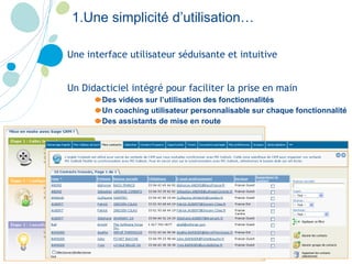 Une interface utilisateur séduisante et intuitive Un Didacticiel intégré pour faciliter la prise en main Des vidéos sur l’utilisation des fonctionnalités Un coaching utilisateur personnalisable sur chaque fonctionnalité Des assistants de mise en route 1.Une simplicité d’utilisation… 