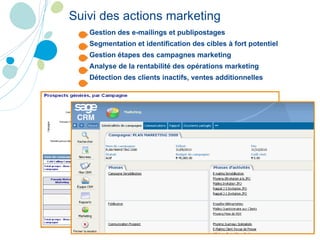 Gestion des e-mailings et publipostages Segmentation et identification des cibles à fort potentiel  Gestion étapes des campagnes marketing Analyse de la rentabilité des opérations marketing Détection des clients inactifs, ventes additionnelles Suivi des actions marketing 