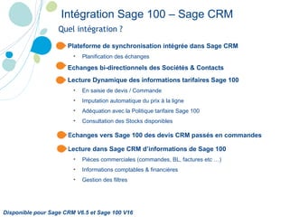 Quel intégration ?   Plateforme de synchronisation intégrée dans Sage CRM  Planification des échanges Echanges bi-directionnels des Sociétés & Contacts Lecture Dynamique des informations tarifaires Sage 100 En saisie de devis / Commande Imputation automatique du prix à la ligne Adéquation avec la Politique tarifaire Sage 100 Consultation des Stocks disponibles Echanges vers Sage 100 des devis CRM passés en commandes Lecture dans Sage CRM d’informations de Sage 100 Pièces commerciales (commandes, BL, factures etc …) Informations comptables & financières Gestion des filtres Disponible pour Sage CRM V6.5 et Sage 100 V16 Intégration Sage 100 – Sage CRM   