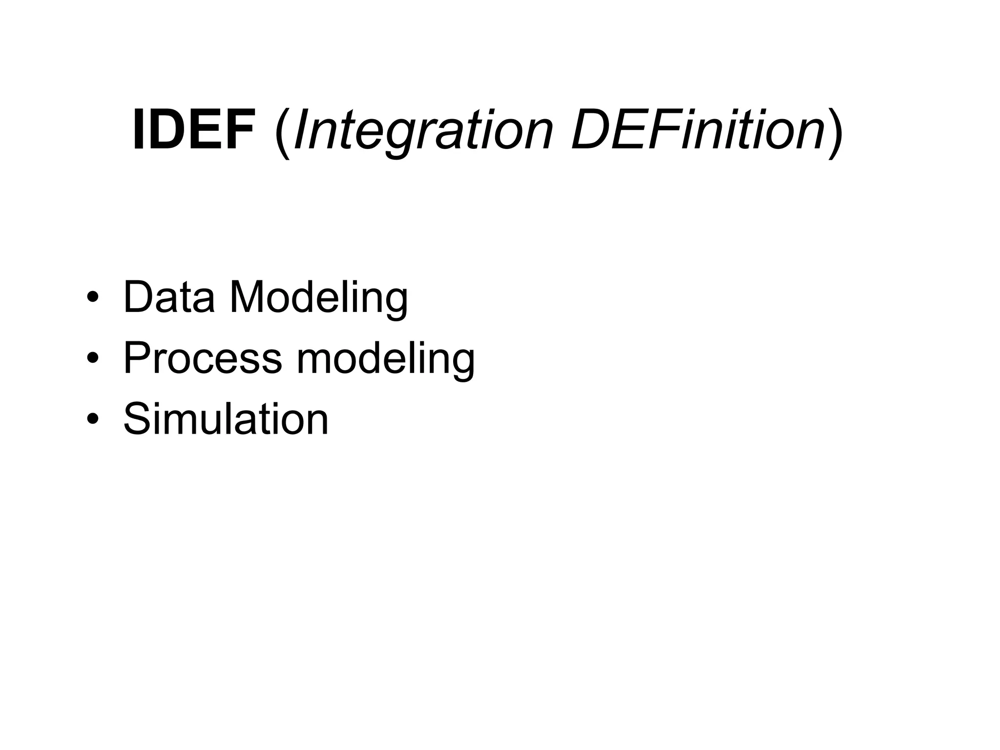IDEF  ( Integration DEFinition ) Data Modeling Process modeling Simulation 