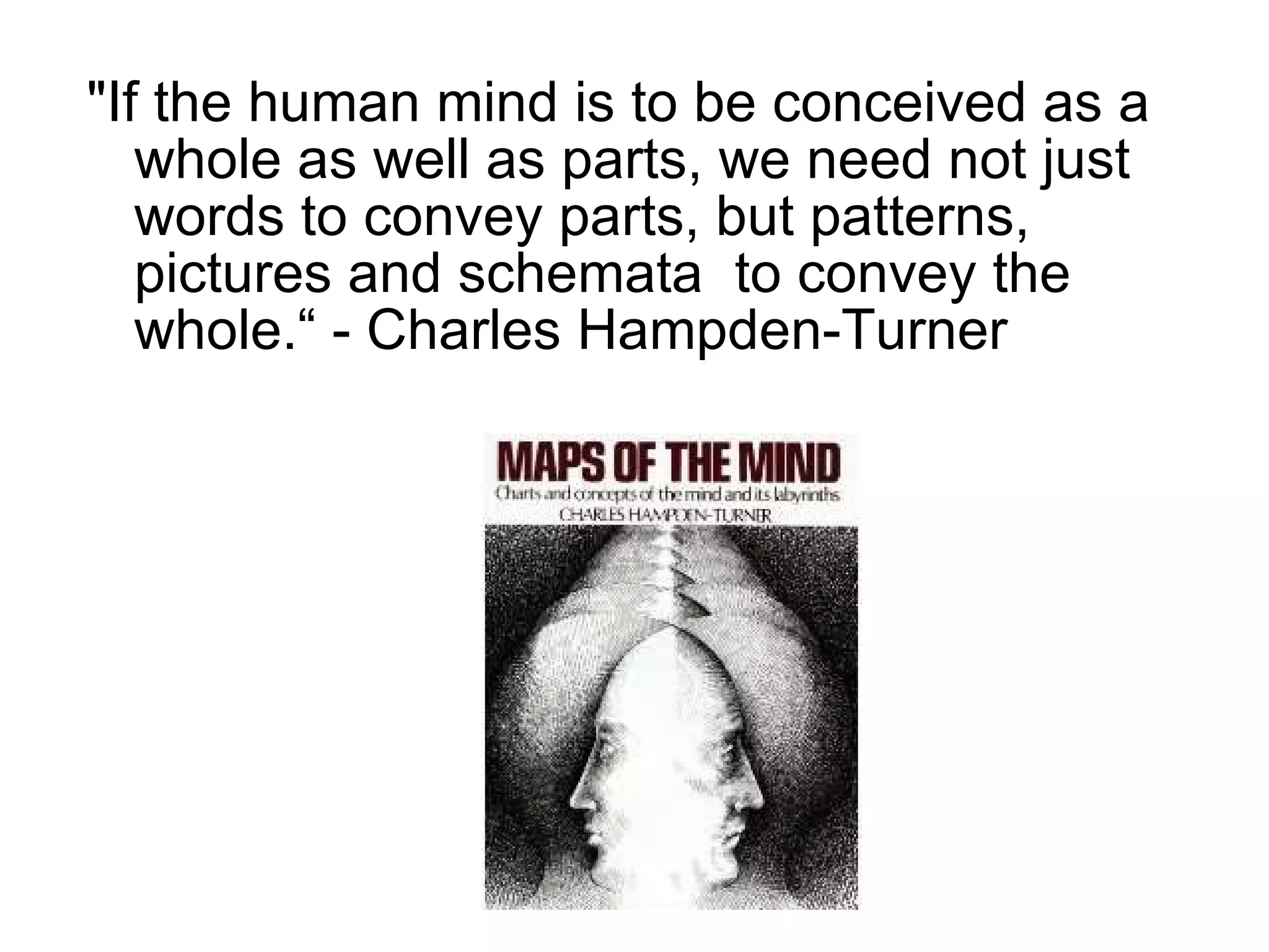 "If the human mind is to be conceived as a whole as well as parts, we need not just words to convey parts, but patterns, pictures and schemata  to convey the whole.“ - Charles Hampden-Turner 