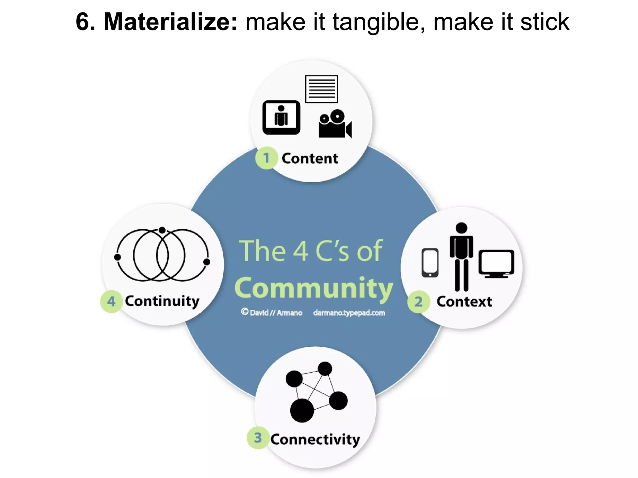 6. Materialize:  make it tangible, make it stick 
