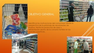 OBJETIVO GENERAL
Identificar las motivaciones del consumidor desde la
perspectiva de la pirámide de necesidades de
Maslow, frente los productos de aseo y
alimentación dentro de la canasta familiar en las
grandes superficies.

 