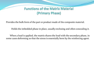 Provides the bulk form of the part or product made of the composite material.
Holds the imbedded phase in place, usually enclosing and often concealing it.
When a load is applied, the matrix shares the load with the secondary phase, in
some cases deforming so that the stress is essentially born by the reinforcing agent.
 