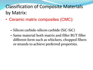 Classification of Composite Materials
by Matrix:
• Ceramic matrix composites (CMC):
– Silicon carbide-silicon carbide (SiC-SiC)
– Same material both matrix and filler BUT filler
different form such as whickers, chopped fibers
or strands to achieve preferred properties.
 