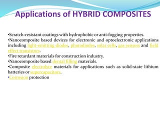 Applications of HYBRID COMPOSITES
•Scratch-resistant coatings with hydrophobic or anti-fogging properties.
•Nanocomposite based devices for electronic and optoelectronic applications
including light-emitting diodes, photodiodes, solar cells, gas sensors and field
effect transistors.
•Fire retardant materials for construction industry.
•Nanocomposite based dental filling materials.
•Composite electrolyte materials for applications such as solid-state lithium
batteries or supercapacitors.
•Corrosion protection
 