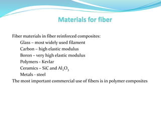 Fiber materials in fiber reinforced composites:
Glass – most widely used filament
Carbon – high elastic modulus
Boron – very high elastic modulus
Polymers - Kevlar
Ceramics – SiC and Al2O3
Metals - steel
The most important commercial use of fibers is in polymer composites
 