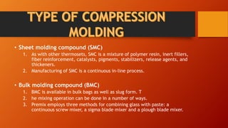 • Sheet molding compound (SMC)
1. As with other thermosets, SMC is a mixture of polymer resin, inert fillers,
fiber reinforcement, catalysts, pigments, stabilizers, release agents, and
thickeners.
2. Manufacturing of SMC is a continuous in-line process.
• Bulk molding compound (BMC)
1. BMC is available in bulk bags as well as slug form. T
2. he mixing operation can be done in a number of ways.
3. Premix employs three methods for combining glass with paste: a
continuous screw mixer, a sigma blade mixer and a plough blade mixer.
 