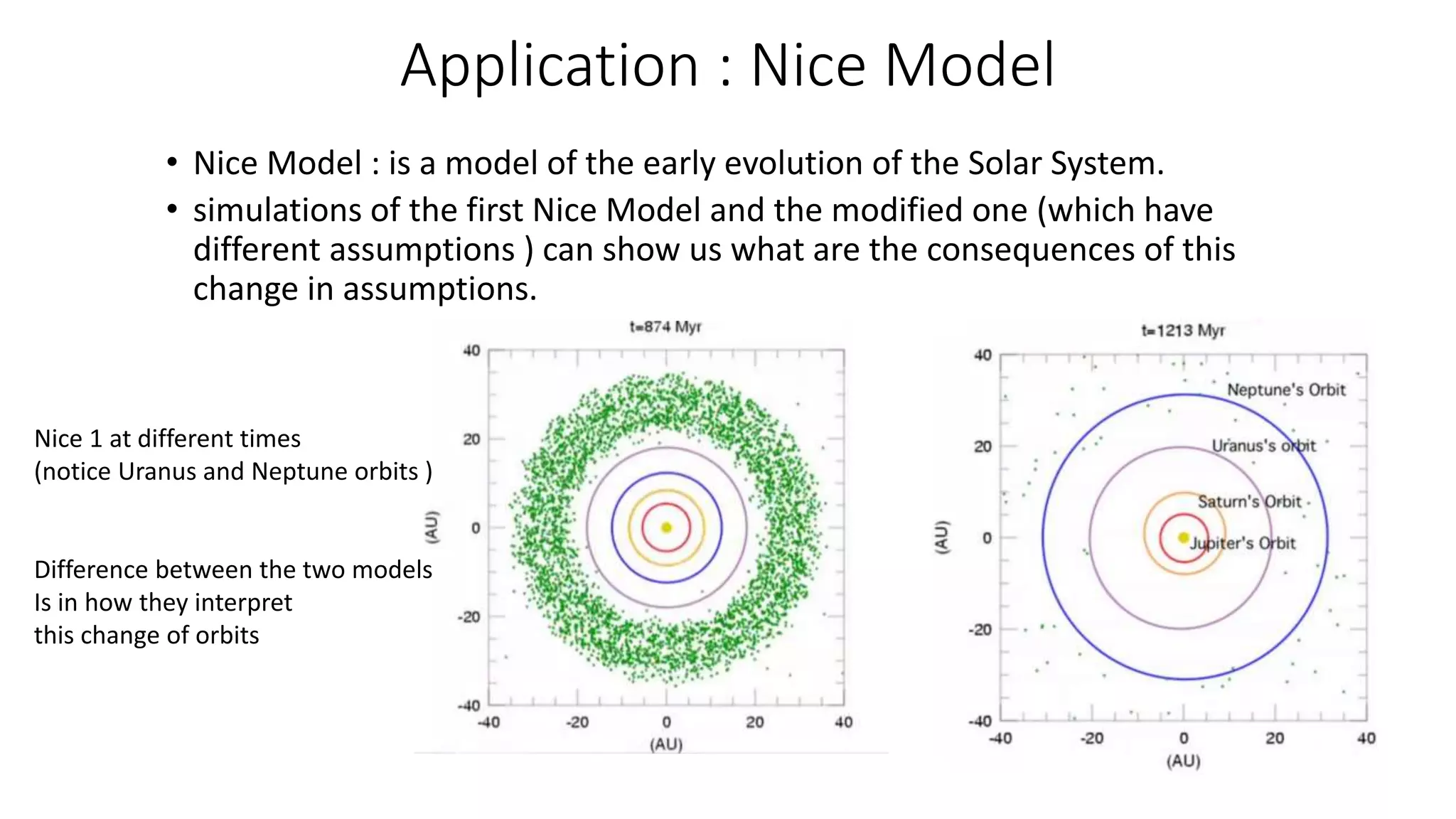 Application : Nice Model
• Nice Model : is a model of the early evolution of the Solar System.
• simulations of the first Nice Model and the modified one (which have
different assumptions ) can show us what are the consequences of this
change in assumptions.
Nice 1 at different times
(notice Uranus and Neptune orbits )
Difference between the two models
Is in how they interpret
this change of orbits
 