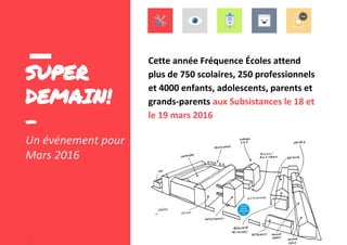 SUPER
DEMAIN!
-
Un événement pour
Mars 2016
Cette année Fréquence Écoles attend
plus de 750 scolaires, 250 professionnels
...