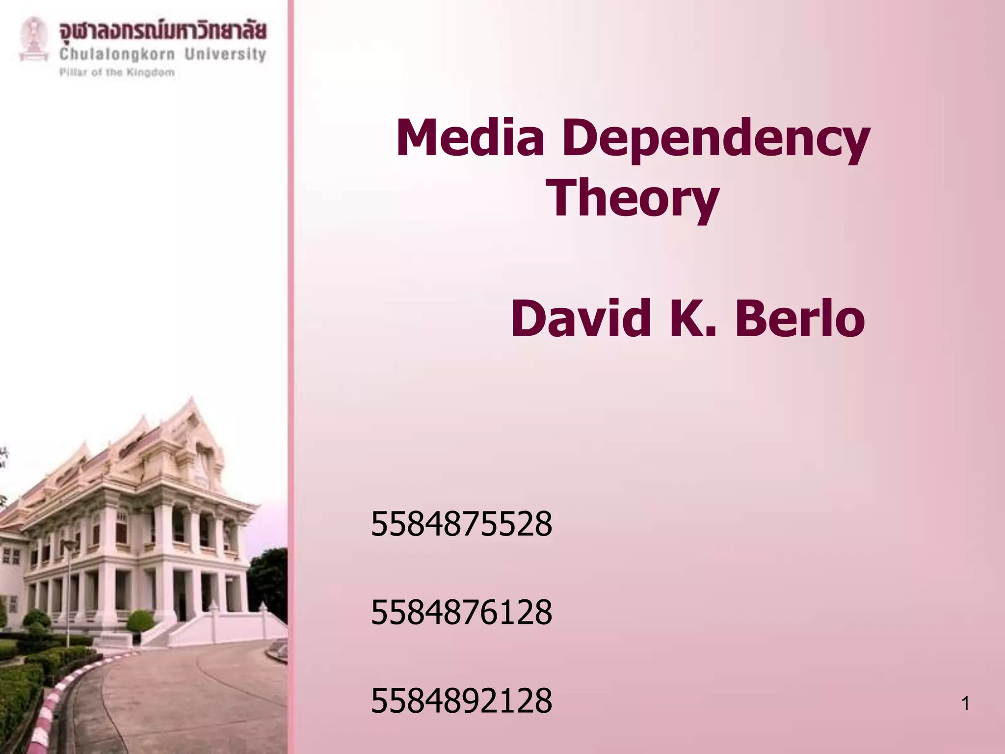 Media Dependency
      Theory

       David K. Berlo


5584875528

5584876128

5584892128              1
 
