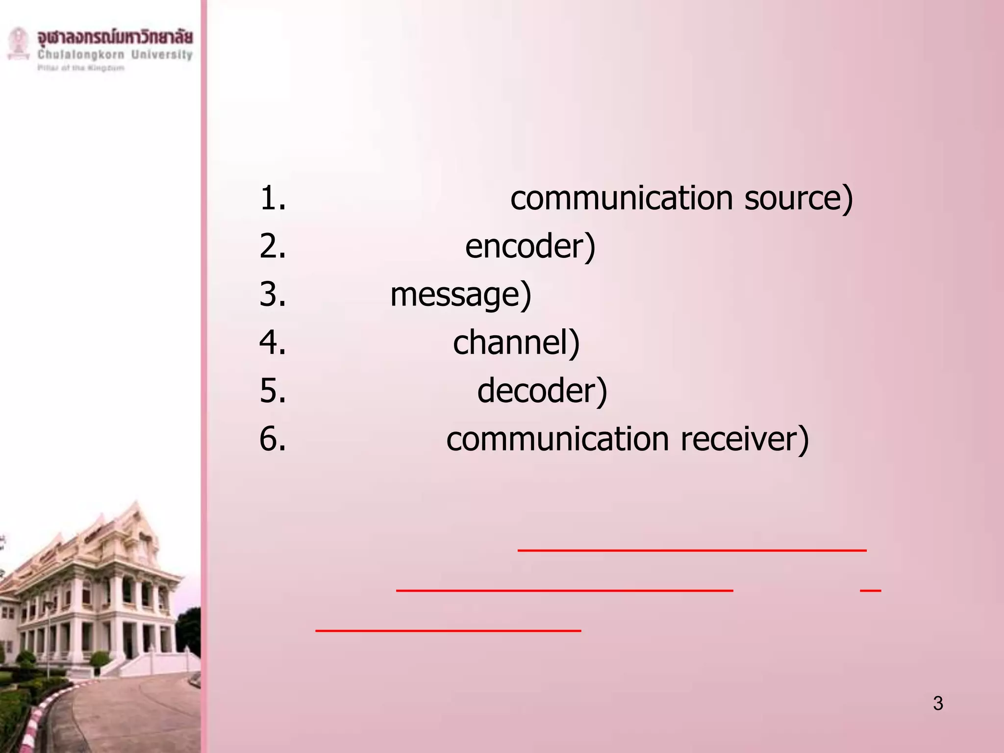 1.          communication source)
2.       encoder)
3.   message)
4.      channel)
5.        decoder)
6.      communication receiver)




                                    3
 