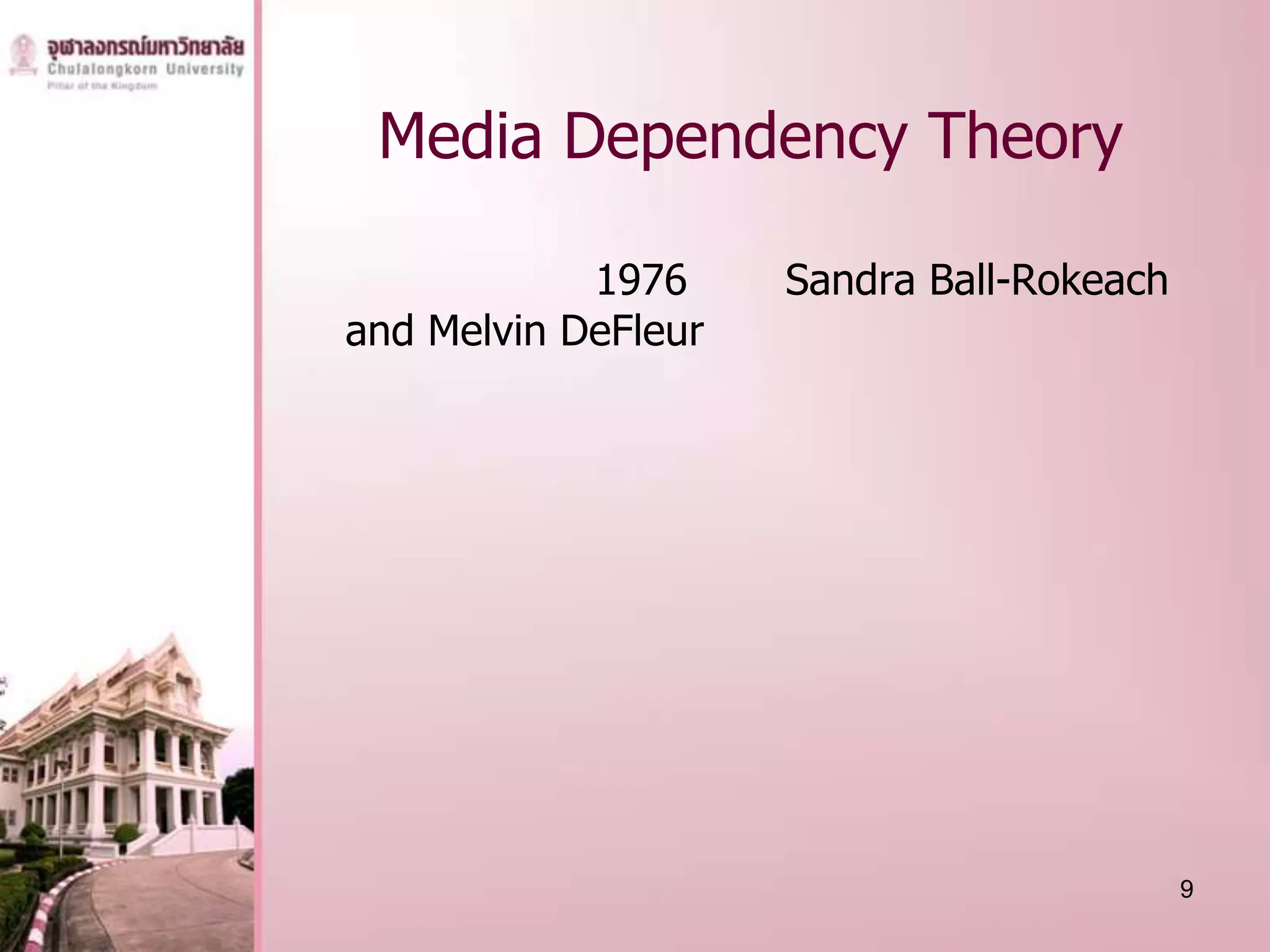 Media Dependency Theory

            1976     Sandra Ball-Rokeach
and Melvin DeFleur




                                           9
 