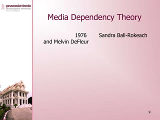 Media Dependency Theory

            1976     Sandra Ball-Rokeach
and Melvin DeFleur




                                           9
 