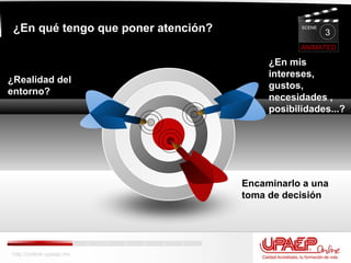 ¿Realidad del entorno? ¿En mis intereses,  gustos, necesidades , posibilidades...? Encaminarlo a una toma de decisión ¿En qué tengo que poner atención? ANIMATED SCENE 3 http://online.upaep.mx 
