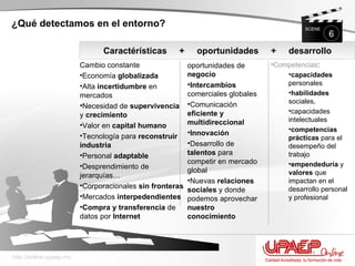 ¿Qué detectamos en el entorno? Nuevas oportunidades de  negocio Intercambios  comerciales globales Comunicación  eficiente y multidireccional Innovación  Desarrollo de  talentos  para competir en mercado global  Nuevas  relaciones sociales  y donde podemos aprovechar  nuestro conocimiento Cambio constante Economía  globalizada Alta  incertidumbre  en mercados Necesidad de  supervivencia  y  crecimiento Valor en  capital humano Tecnología para  reconstruir industria Personal  adaptable Desprendimiento de jerarquías… Corporacionales  sin   fronteras Mercados  interpedendientes Compra y transferencia  de datos por  Internet Competencias :  capacidades  personales habilidades  sociales, capacidades intelectuales competencias prácticas  para el desempeño del trabajo empendeduría  y  valores  que impactan en el desarrollo personal y profesional Caractérísticas  +  oportunidades  +  desarrollo http://online.upaep.mx SCENE 6 