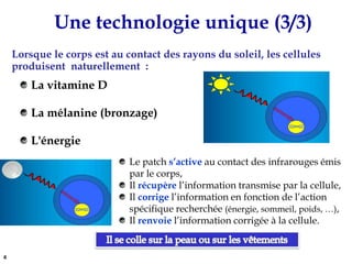 Une technologie unique (3/3)Lorsque le corps est au contact des rayons du soleil, les cellules produisent  naturellement  :  La vitamine D La mélanine (bronzage) L'énergieLe patch s’active au contact des infrarouges émis par le corps,Il récupère l’information transmise par la cellule,Il corrige l’information en fonction de l’action spécifique recherchée (énergie, sommeil, poids, …), Il renvoie l’information corrigée à la cellule.4