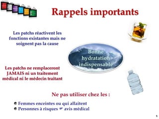Rappels importantsLes patchs réactivent les fonctions existantes mais ne soignent pas la causeBonne hydratation indispensableLes patchs ne remplaceront JAMAIS ni un traitement médical ni le médecin traitantNe pas utiliser chez les : Femmes enceintes ou qui allaitent Personnes à risques  avis médical5