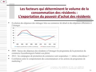 10
Les facteurs qui déterminent le volume de la
consommation des résidents :
L’exportation du pouvoir d’achat des résidents
 Evolution des dépenses des ménages liées au commerce de détail et des dépenses effectuées à
l’étranger
 2008 : baisse des dépenses des résidents à l’étranger (le programme de la promotion du
commerce luxembourgeois battait son plein)
 2012 : les campagnes de promotion du commerce sont suspendues => même coïncidence ?
 Corrélation entre le comportement des consommateurs et les actions du programme de
marketing ?
 