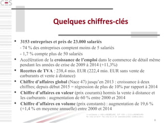 6
Quelques chiffres-clés
 3153 entreprises et près de 23.000 salariés
- 74 % des entreprises comptent moins de 5 salariés
- 1,7 % compte plus de 50 salariés
 Accélération de la croissance de l’emploi dans le commerce de détail même
pendant les années de crise de 2009 à 2014 (+11,3%)
 Recettes de TVA : 238,4 mio. EUR (222,4 mio. EUR sans vente de
carburants et vente à distance)
 Chiffre d’affaires global (Nace 47) jusqu’en 2013 : croissance à deux
chiffres; depuis début 2015 = régression de plus de 10% par rapport à 2014
 Chiffre d’affaires en valeur (prix courants) hormis la vente à distance et
les carburants : augmentation de 60 % entre 2000 et 2014
 Chiffre d’affaires en volume (prix constants) : augmentation de 19,6 %
(+1,4 % en moyenne annuelle) entre 2000 et 2014
 