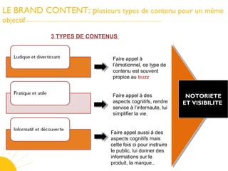 LE BRAND CONTENT: plusieurs types de contenu pour un même
objectif
3 TYPES DE CONTENUS
Faire appel à
l’émotionnel, ce type de
contenu est souvent
propice au buzz
Faire appel à des
aspects cognitifs, rendre
service à l’internaute, lui
simplifier la vie.
Faire appel aussi à des
aspects cognitifs mais
cette fois ci pour instruire
le public, lui donner des
informations sur le
produit, la marque..
NOTORIETE
ET VISIBILITE
NOTORIETE
ET VISIBILITE
 