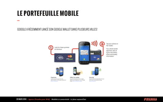 20 MARS 2014 	
  -­‐	
  	
  Agence	
  Piranha	
  pour	
  WAQ	
  -­‐	
  	
  Mobilité	
  et	
  connectivité	
  -­‐	
  Le	
  futur	
  aujourd’hui	
  
LE PORTEFEUILLE MOBILE
--
GOOGLE A RÉCEMMENT LANCÉ SON GOOGLE WALLET DANS PLUSIEURS VILLES!
 