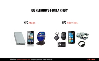 20 MARS 2014 	
  -­‐	
  	
  Agence	
  Piranha	
  pour	
  WAQ	
  -­‐	
  	
  Mobilité	
  et	
  connectivité	
  -­‐	
  Le	
  futur	
  aujourd’hui	
  
OÙRETROUVE-T-ONLARFID?
NFC #tags NFC #devices
 