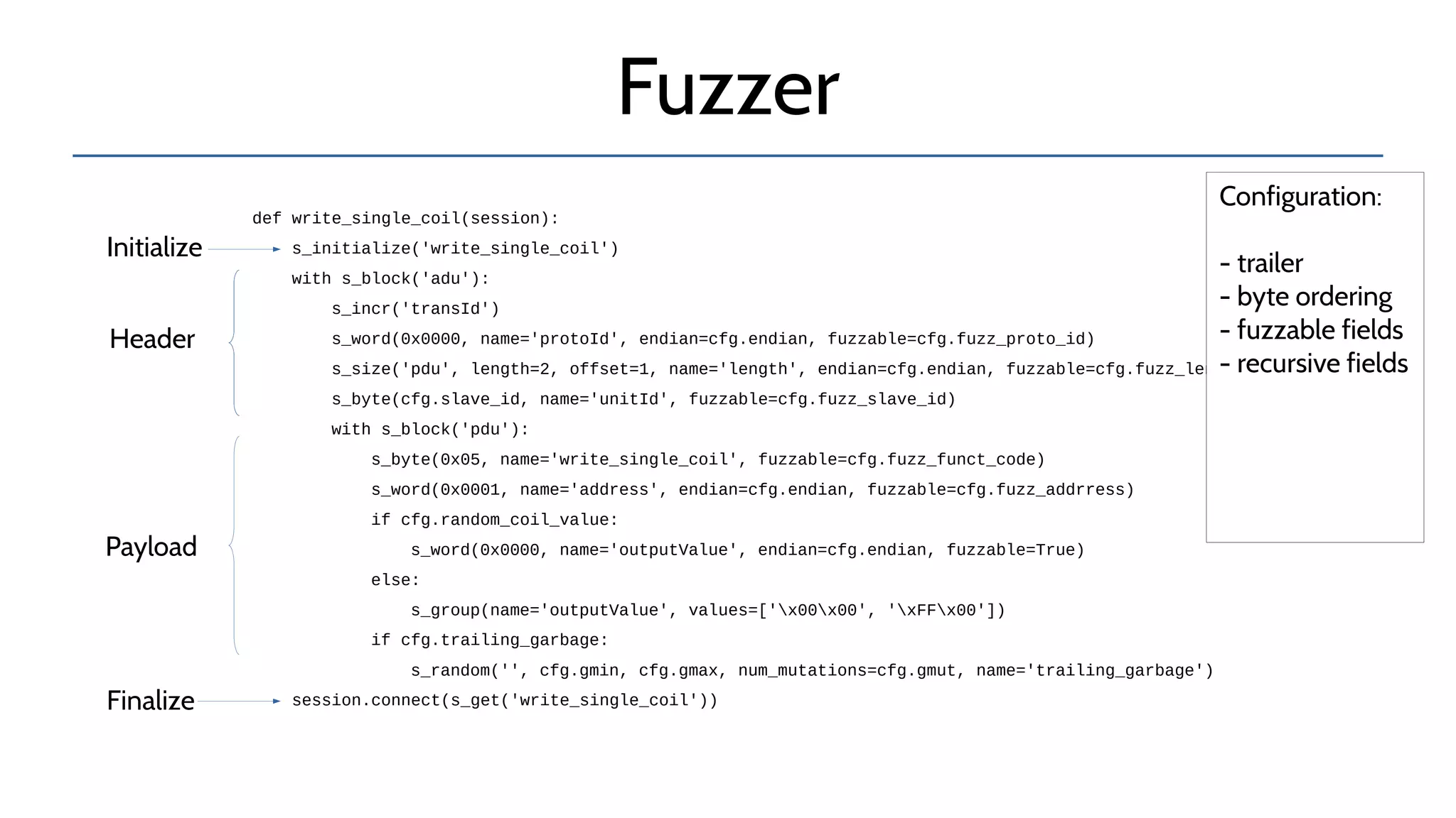 Fuzzer
def write_single_coil(session): 
    s_initialize('write_single_coil') 
    with s_block('adu'): 
        s_incr('transId') 
        s_word(0x0000, name='protoId', endian=cfg.endian, fuzzable=cfg.fuzz_proto_id) 
        s_size('pdu', length=2, offset=1, name='length', endian=cfg.endian, fuzzable=cfg.fuzz_length)    
        s_byte(cfg.slave_id, name='unitId', fuzzable=cfg.fuzz_slave_id)      
        with s_block('pdu'): 
            s_byte(0x05, name='write_single_coil', fuzzable=cfg.fuzz_funct_code) 
            s_word(0x0001, name='address', endian=cfg.endian, fuzzable=cfg.fuzz_addrress) 
            if cfg.random_coil_value: 
                s_word(0x0000, name='outputValue', endian=cfg.endian, fuzzable=True) 
            else: 
                s_group(name='outputValue', values=['x00x00', 'xFFx00']) 
            if cfg.trailing_garbage: 
                s_random('', cfg.gmin, cfg.gmax, num_mutations=cfg.gmut, name='trailing_garbage') 
    session.connect(s_get('write_single_coil')) 
Header
Payload
Finalize
Initialize
Configuration:
- trailer
- byte ordering
- fuzzable fields
- recursive fields
 