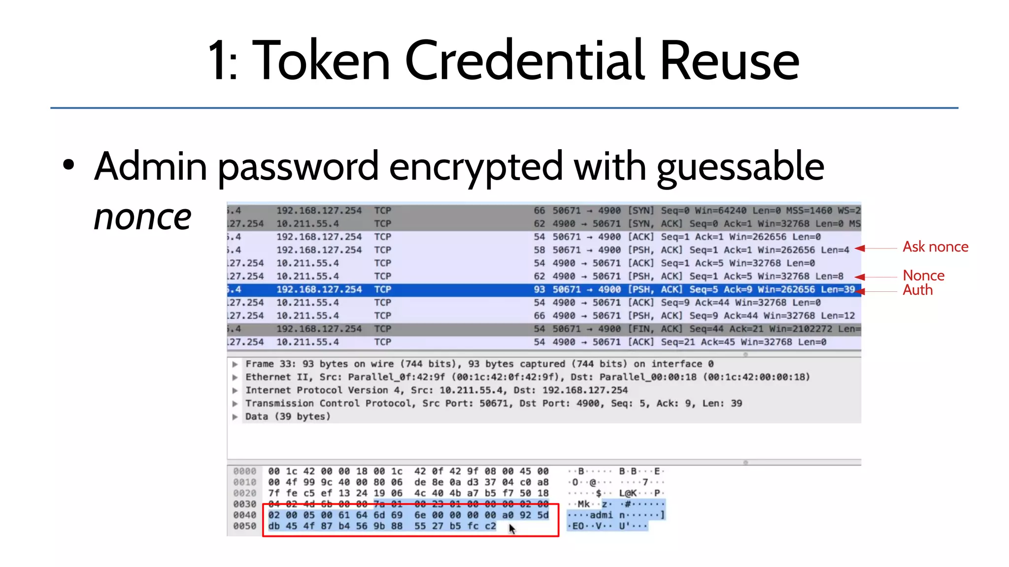 1: Token Credential Reuse
●
Admin password encrypted with guessable
nonce
Ask nonce
Nonce
Auth
 