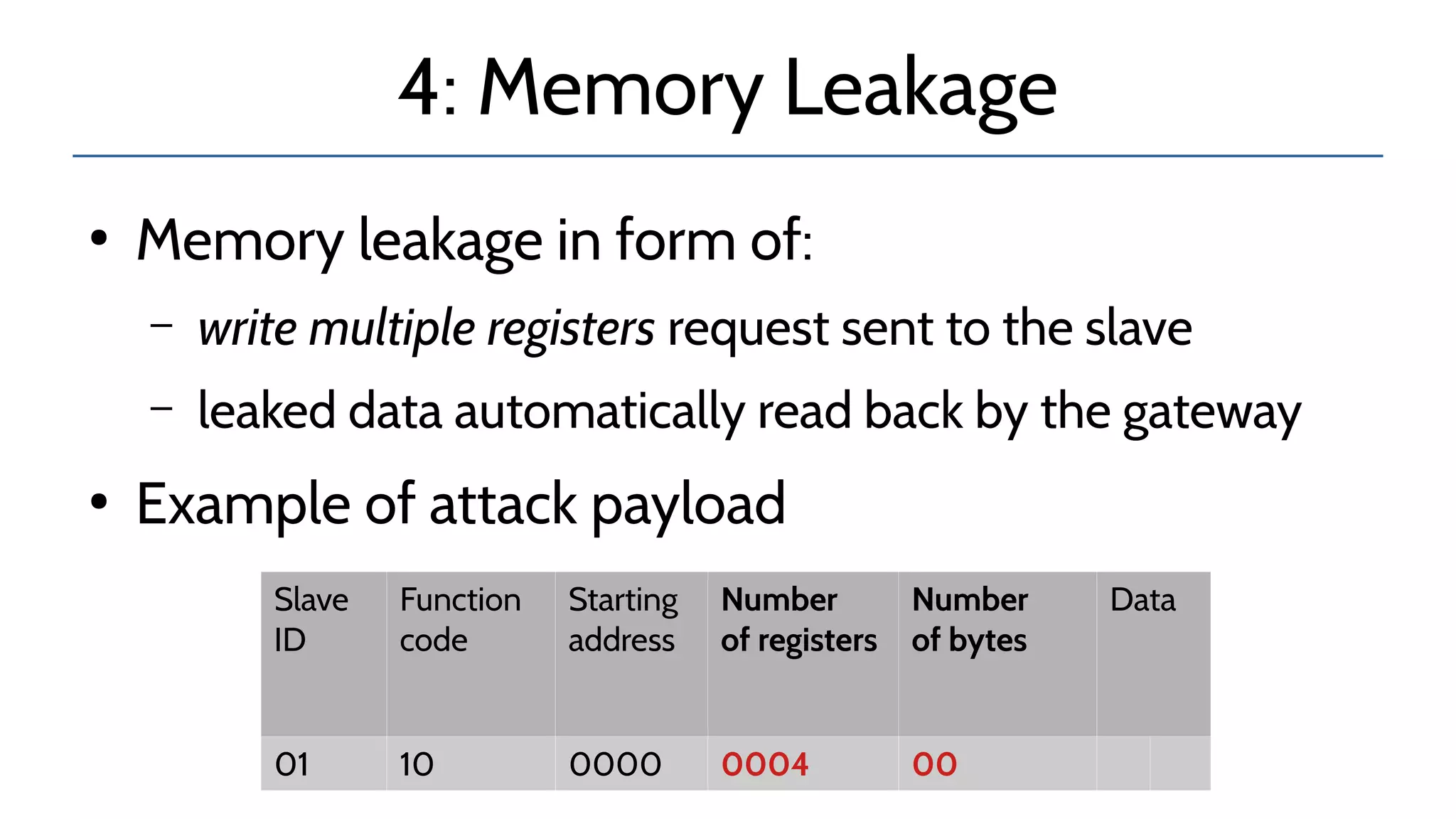 4: Memory Leakage
●
Memory leakage in form of:
– write multiple registers request sent to the slave
– leaked data automatically read back by the gateway
●
Example of attack payload
Slave
ID
Function
code
Starting
address
Number
of registers
Number
of bytes
Data
01 10 0000 0004 00
 