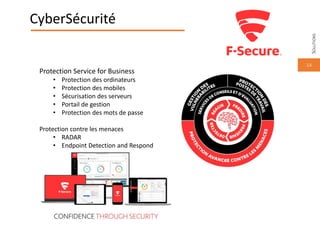 14
CyberSécurité
Protection Service for Business
• Protection des ordinateurs
• Protection des mobiles
• Sécurisation des serveurs
• Portail de gestion
• Protection des mots de passe
Protection contre les menaces
• RADAR
• Endpoint Detection and Respond
SOLUTIONS
 
