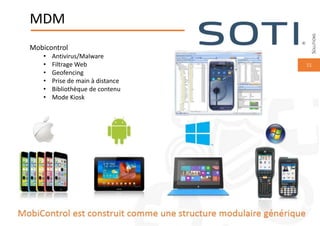 15
MDM
Mobicontrol
• Antivirus/Malware
• Filtrage Web
• Geofencing
• Prise de main à distance
• Bibliothèque de contenu
• Mode Kiosk
SOLUTIONS
 