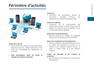 7
Périmètre d’activités
Supervision
• Traitement des évènements (alertes de
supervision, messages d’erreurs des
équipements et solutions envoyés par mail)
Gestion des capacités
• Supervision de la consommation des
équipements serveurs et actifs réseaux afin de
prévenir les incidents futurs et planifier la mise
en œuvre de solutions adaptées
Gestion de la continuité d’activité
• Mise en œuvre d’une stratégie de sauvegarde
relative à la criticité des services et données
Gestion des changements et des déploiements
• Prise en compte des demandes d’évolution du SI,
du réseau afin d’améliorer le service ou en
réaction à de multiples incidents mineurs ou
ayant un impact limité ou à des incidents
majeurs.
Gestion des demandes et des incidents de
production
• Sur sollicitation d’un utilisateur ou suite à alerte
de supervision.
Gestion de la sécurité
• Administration des solutions de sécurité (firewall,
protection anti-virus, filtrage anti-spam), luttre
contre les vulnérabilités par déploiement de
correctifs
• Veille technologique, devoir de conseil et
réalisation de projets à la demande
CENTREDESERVICES
 