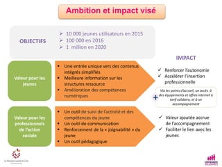 Via les points d’accueil, un accès à
des équipements et offres internet à
tarif solidaire, et à un
accompagnement
Ambition et impact visé
IMPACT
 Renforcer l’autonomie
 Accélérer l’insertion
professionnelle
 Valeur ajoutée accrue
de l’accompagnement
 Faciliter le lien avec les
jeunes
Valeur pour les
jeunes
Valeur pour les
professionnels
de l’action
sociale
 Une entrée unique vers des contenus
intégrés simplifiés
 Meilleure information sur les
structures ressource
 Amélioration des compétences
numériques
 Un outil de suivi de l’activité et des
compétences du jeune
 Un outil de communication
 Renforcement de la « joignabilité » du
jeune
 Un outil pédagogique
OBJECTIFS
 10 000 jeunes utilisateurs en 2015
 100 000 en 2016
 1 million en 2020
+
 