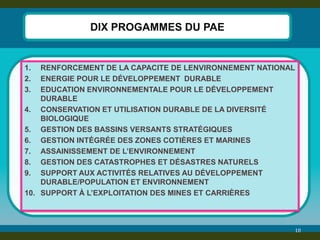 10 
DIX PROGAMMES DU PAE 
1.RENFORCEMENT DE LA CAPACITE DE LENVIRONNEMENT NATIONAL 
2.ENERGIE POUR LE DÉVELOPPEMENT DURABLE 
3.EDUCATION ENVIRONNEMENTALE POUR LE DÉVELOPPEMENT DURABLE 
4.CONSERVATION ET UTILISATION DURABLE DE LA DIVERSITÉ BIOLOGIQUE 
5.GESTION DES BASSINS VERSANTS STRATÉGIQUES 
6.GESTION INTÉGRÉE DES ZONES COTIÈRES ET MARINES 
7.ASSAINISSEMENT DE L’ENVIRONNEMENT 
8.GESTION DES CATASTROPHES ET DÉSASTRES NATURELS 
9.SUPPORT AUX ACTIVITÉS RELATIVES AU DÉVELOPPEMENT DURABLE/POPULATION ET ENVIRONNEMENT 
10.SUPPORT À L’EXPLOITATION DES MINES ET CARRIÈRES  