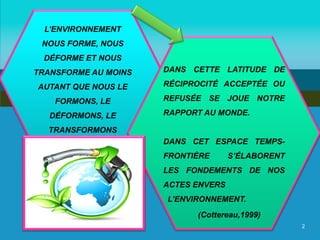 L’ENVIRONNEMENT 
NOUS FORME, NOUS DÉFORME ET NOUS TRANSFORME AU MOINS AUTANT QUE NOUS LE FORMONS, LE DÉFORMONS, LE TRANSFORMONS 
DANS CETTE LATITUDE DE RÉCIPROCITÉ ACCEPTÉE OU REFUSÉE SE JOUE NOTRE RAPPORT AU MONDE. 
DANS CET ESPACE TEMPS- FRONTIÈRE S’ÉLABORENT LES FONDEMENTS DE NOS ACTES ENVERS 
L’ENVIRONNEMENT. 
2 
(Cottereau,1999)  