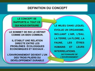4 
DEFINITION DU CONCEPT 
LE CONCEPT SE RAPPORTE A TOUT CE QUI NOUS ENTOURE 
LE MILIEU DANS LEQUEL EVOLUE UN ORGANISME, INCLUANT L'AIR, L'EAU, LA TERRE, LA FLORE, LA FAUNE, LES ÊTRES HUMAINS ET LEURS INTERRELATIONS. 
DICTIONNAIRE DE L’ENVIRONNEMENT 
LE SOMMET DE RIO LE DÉFINIT COMME UN BIEN COMMUN. 
IL ETABLIT UNE RELATION DIRECTE ENTRE LES PROBLÈMES ÉCOLOGIQUES ÉCONOMIQUES ET SOCIAUX . 
L’ENVIRONNEMENT DEVIENT L’UN DES TROIS PILIERS DU DEVELOPPEMENT DURABLE  