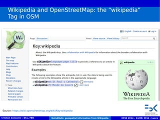 Wikipedia and OpenStreetMap: the “wikipedia” 
Tag in OSM 
Source: https://wiki.openstreetmap.org/wiki/Key:wikipedia 
Crist...