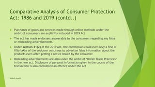 Comparative Analysis of Consumer Protection
Act: 1986 and 2019 (contd..)
 Purchases of goods and services made through online methods under the
ambit of consumers are explicitly included in 2019 Act
 The act has made endorsers answerable to the consumers regarding any false
or misleading advertisements.
 Under section 21(2) of the 2019 Act, the commission could even levy a fine of
fifty lakhs of the endorser continues to advertise false information about the
products even after getting a notice issued by the consumer.
 Misleading advertisements are also under the ambit of ‘Unfair Trade Practices’
in the new act. Disclosure of personal information given in the course of the
transaction is also considered an offence under the act
Satakshi Awasthi
 
