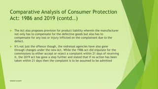 Comparative Analysis of Consumer Protection
Act: 1986 and 2019 (contd..)
 The Act also proposes provision for product liability wherein the manufacturer
not only has to compensate for the defective goods but also has to
compensate for any loss or injury inflicted on the complainant due to the
defect.
 It’s not just the offence though, the redressal agencies have also gone
through changes under the new Act. While the 1986 act did stipulate for the
commissions to either accept or reject a complaint within 21 days of receiving
it, the 2019 act has gone a step further and stated that if no action has been
taken within 21 days then the complaint is to be assumed to be admitted
Satakshi Awasthi
 