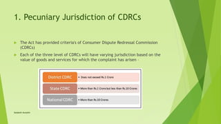 1. Pecuniary Jurisdiction of CDRCs
 The Act has provided criteria's of Consumer Dispute Redressal Commission
(CDRCs)
 Each of the three level of CDRCs will have varying jurisdiction based on the
value of goods and services for which the complaint has arisen –
Satakshi Awasthi
 
