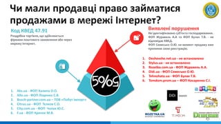 Не ідентифіковано суб'єкта господарювання.
ФОП Журавель А.А та ФОП Булах Т.В. - не
відповідає КВЕД.
ФОП Семесько О.Ю. на момент продажу вже
припинив свою реєстрацію.
Виявлені порушення
Роздрібна торгівля, що здійснюється
фірмами поштового замовлення або через
мережу Інтернет.
Код КВЕД 47.91
1. Aks.ua - ФОП Халипа О.О.
2. Allo.ua - ФОП Ліщенко С.В.
3. Bosch-partner.com.ua – ТОВ «Побут імпорт»
4. Citrus.ua - ФОП Тєлков С.О.
5. City.com.ua - ФОП Чолак Ю.С.
6. F.ua - ФОП Крячок М.В.
1. Deshevshe.net.ua - не встановлено
2. Stylus.ua - не встановлено
3. Rozetka.com.ua - ФОП Журавель А.А.
4. Didi.ua - ФОП Семесько О.Ю.
5. Tehnohata.ua - ФОП Булах Т.В.
6. Tomdom.prom.ua – ФОП Косаренко С.І.
 