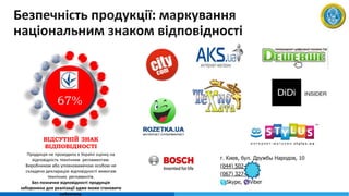 ВІДСУТНІЙ ЗНАК
ВІДПОВІДНОСТІ
Продукція не проходила в Україні оцінку на
відповідність технічним регламентам.
Виробником або уповноваженою особою не
складено декларацію відповідності вимогам
технічних регламентів.
Без позначки відповідності продукція
заборонена для реалізації адже може становити
небезпеку.
67%
 