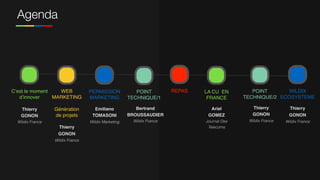 Agenda
LA CU EN
FRANCE
Ariel  
GOMEZ 
Journal Des
Telecoms
C’est le moment
d’innover 
Thierry  
GONON 
Wildix France
WEB
MARKETING
Génération
de projets
Thierry
GONON
Wildix France
 
PERMISSION
MARKETING
Emiliano  
TOMASONI
Wildix Marketing
REPAS WILDIX  
ECOSYSTEME
Thierry
GONON
Wildix France  
POINT
TECHNIQUE/2
Thierry  
GONON
Wildix France
POINT
TECHNIQUE/1
Bertrand  
BROUSSAUDIER 
Wildix France
 
