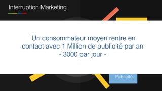 Interruption Marketing
Telemarketing
Direct Mail
E-mail Spam
TV - Radio
Publicité
Publicité
Un consommateur moyen rentre en
contact avec 1 Million de publicité par an
- 3000 par jour -
 